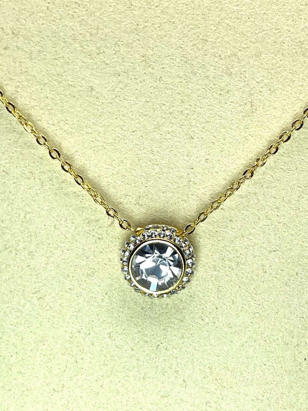 Solitaire Bezel Halo Necklace with Lab-Grown Sapphire Austrian Crystals, 17" - Picture 3 of 4